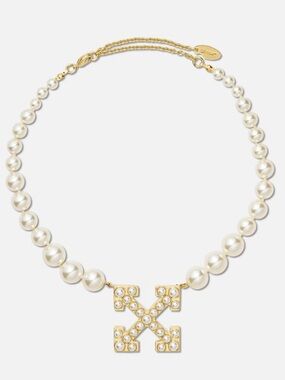 Off-White Pearl Logo Necklace in White and Gold